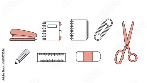 Stationery Essentials: A collection of meticulously drawn office supplies, highlighting a pencil, stapler, notepad, paperclip, eraser, ruler and scissors