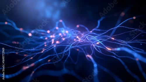 A digital visualization shows interconnected neural pathways with glowing signals traveling through them. Concept of neuroscience and neural network.