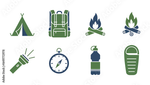 Camping Icons in two colors set: Collection of camping and outdoor adventure icons in a flat style, including a tent, backpack, campfire, flashlight, compass, water bottle, and sleeping bag. 