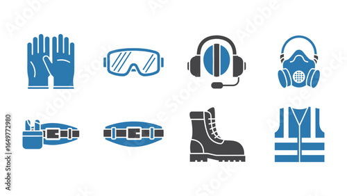 Protective Gear Icons: A curated collection of essential safety equipment icons, symbolizing workplace safety and precautions.