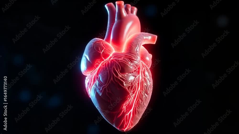 Human heart with glowing arteries and veins highlighting blood circulation on a dark background. Concept of cardiology and human anatomy.