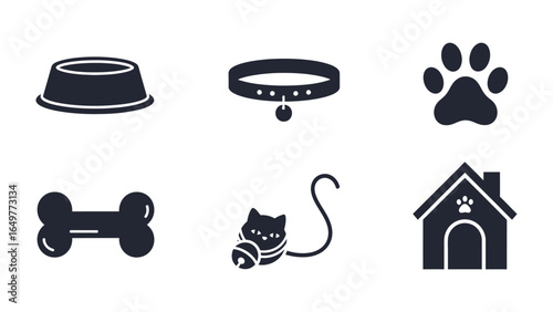 Simplified Pet Icons Set: A meticulously curated collection of vector icons, elegantly illustrating the essence of pet care, encompassing elements from food bowls to playful paw prints.