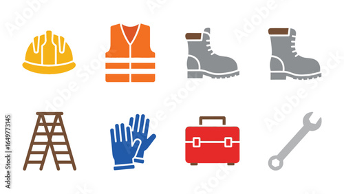 Essential Construction Elements: A vibrant array of construction essentials. Including safety helmet, high-visibility vest, sturdy boots, reliable ladder, protective gloves, durable toolbox.