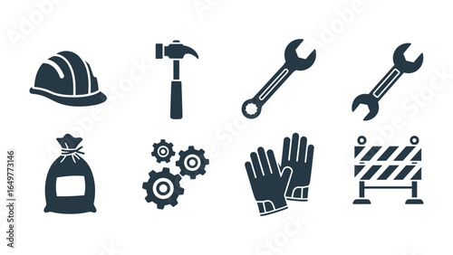 Construction Tools: A collection of essential construction tools including a hard hat, hammer, wrench, bag, gear, gloves, and barrier in a clean illustration.