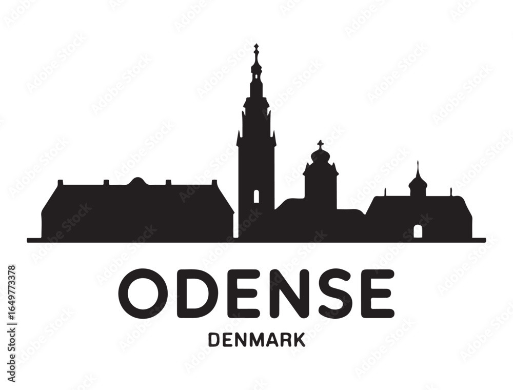 Obraz premium Odense skyline horizontal banner. Odense, Denmark. Vector template for your design. Vector black silhouette. with white background