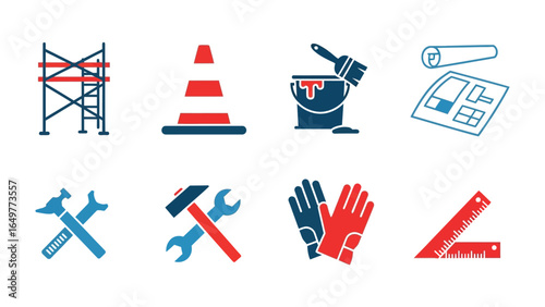 Construction Icons: A set of detailed icons representing various tools and elements essential to construction, offering a versatile design for digital applications and informative content.
