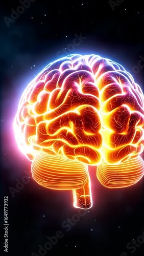 A glowing human brain is floating in space with electric energy patterns surrounding it. Concept of neural network and artificial intelligence. Vertical video
