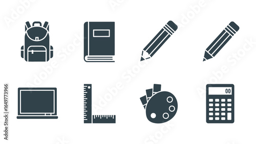 School Essentials: A collection of essential school supplies icons, perfectly designed to enhance educational concepts, including pencil, backpack, notebook, and computer.