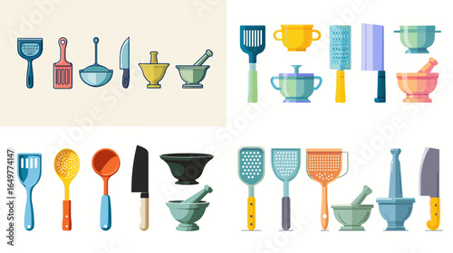 Vector collection of colorful kitchen utensils including spoons, knives, graters, and mortars. Modern cooking tools illustration for culinary design.