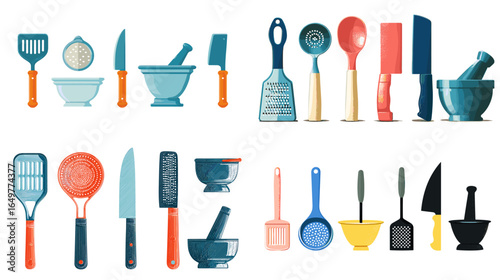 Vector set of colorful kitchen tools and utensils including knives, spoons, graters, and bowls. Cooking and culinary illustration collection.