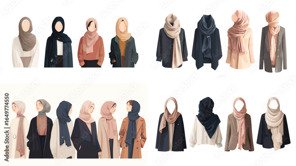 Vector collection of women wearing hijab and scarves in different modern styles. Fashionable modest clothing illustration set for lifestyle design.