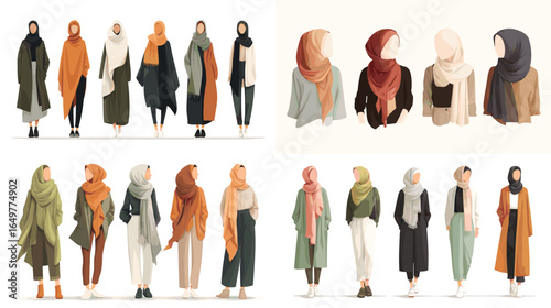 Vector illustration set of Muslim women wearing hijab in trendy outfits. Modern modest fashion style collection for lifestyle and identity.