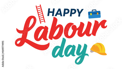 Happy Labour Day: This colourful illustration celebrates Labour Day, displaying a ladder, toolbox and helmet. Reflecting the spirit of the day and its relevance, and appreciation for labour.