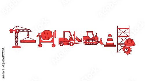 Construction Equipment Icons: A vivid depiction of various construction equipment, including a crane, concrete mixer, forklift, bulldozer, safety cone and scaffolding, all in a flat design.