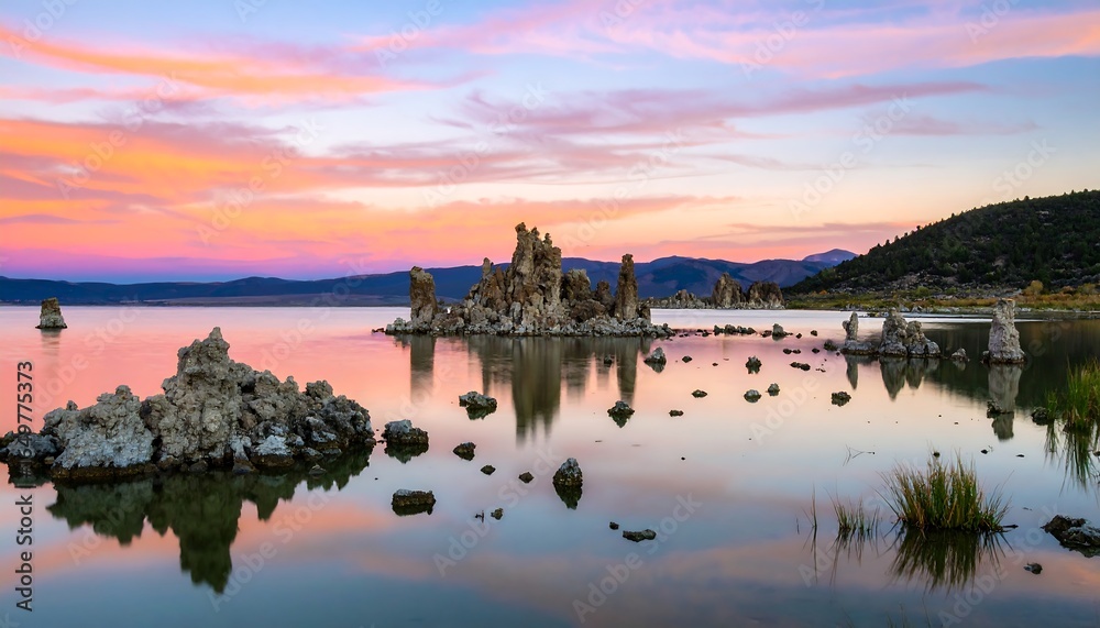 Fototapeta premium Lakeside rock formations at sunset