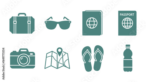Journey Essentials: Iconic travel symbols arranged in a neat pattern. a visual narrative of journey and exploration