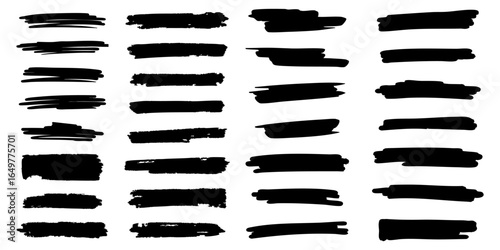 Marker or brush stroke set. Simple black handdrawn paint lines. Collection of dirty free hand stripes for designs. Vector illustration isolated on a white background in flat style