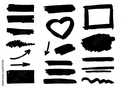 Marker or brush stroke set. Black handdrawn paint stripes and frames. Collection of simple elements for designs. Vector illustration isolated on a white background