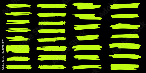 Highlight markers set. Simple green handdrawn underlines. Collection of neon free hand stripes for text designs. Vector illustration isolated on a black background in flat style