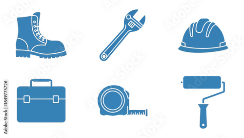 Essential Tools for Construction: A set of crucial construction tools, depicted with clean lines and a focus on functionality, including a protective helmet, work boots, wrench, toolbox.