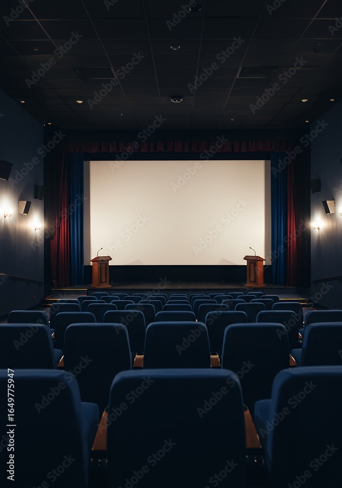 Obraz premium Vertical View of a Formal Blue Auditorium with Red Curtains and Dual Speaker Podiums for Academic Graduation or International Business Summit