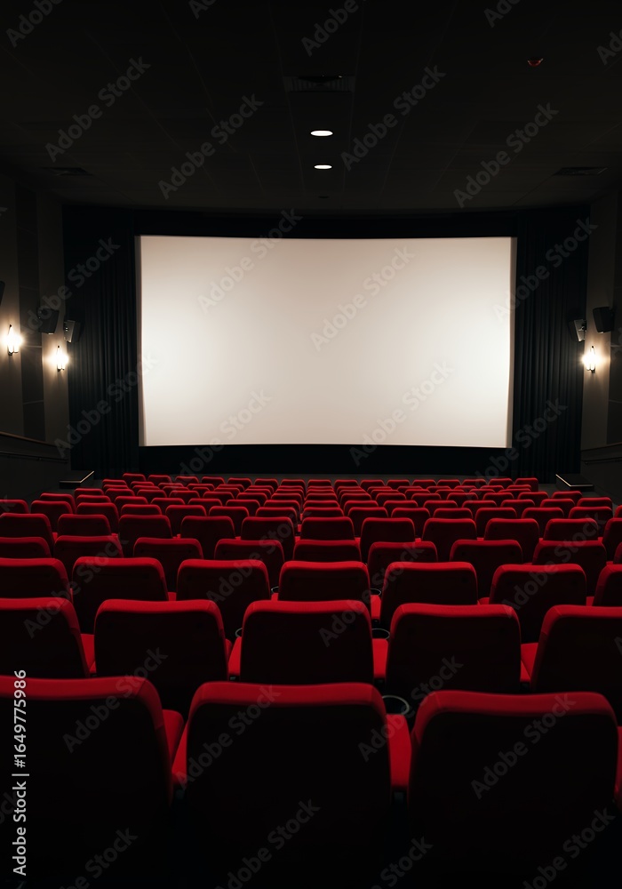 Fototapeta premium Classic Cinema Theater Interior with Vibrant Red Seating Rows and Blank White Projector Screen for Motion Picture Advertising and Layouts