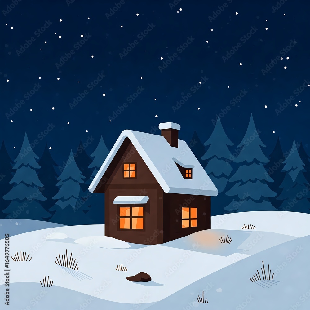 Fototapeta premium Cozy Winter Landscape with a Wooden House and Snow-Covered Trees at Night