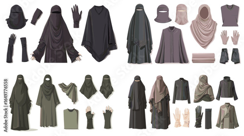 Set of niqab, abaya, gloves, and hijab illustrations in neutral tones. Islamic modest wear fashion collection for women’s traditional clothing.