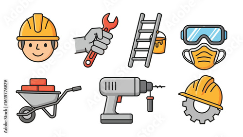 Construction Tools and Symbols: A collection of essential construction tools and symbols, showcasing a helmet, a wrench, a ladder, safety goggles, a mask, a wheelbarrow, a drill, and a gear.