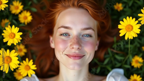 Red-haired woman lying in a field of yellow daisies, smiling softly at the camera