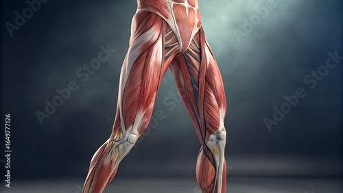 Human thigh musculature in hyper-realistic 3D — skin partially transparent to reveal quadriceps, femur, and vascular network