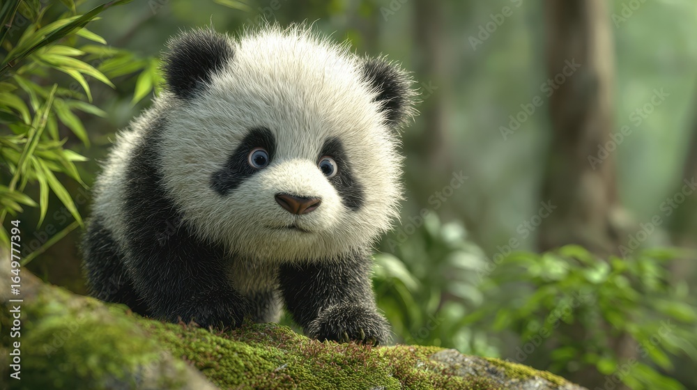 Obraz premium Charming Baby Panda Among Bamboo in Lush Forest Setting