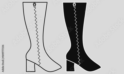Go-go boots icon set in outline and silhouette solid style, with knee-high shaft, block heel, and front zipper, ideal for retro fashion, women footwear, mod style, and vintage design.