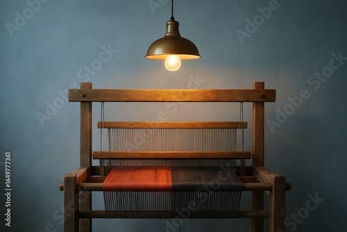 Wooden Loom with Hanging Lamp, Weaving Textile