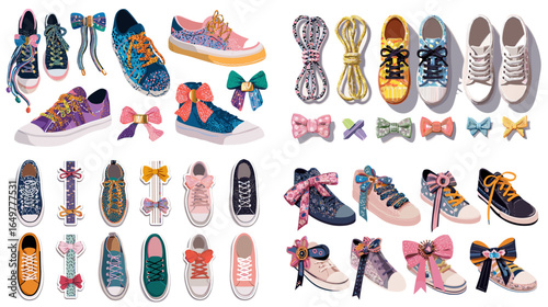 Set of colorful sneakers with decorative shoelaces and bows. Fun and trendy footwear illustration for kids and teens fashion collection.