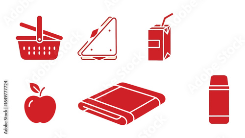 Picnic Essentials: A stylized representation of picnic items, offering a visual invitation to relaxation. It includes picnic basket, sandwich, juice, apple, blanket, and thermos