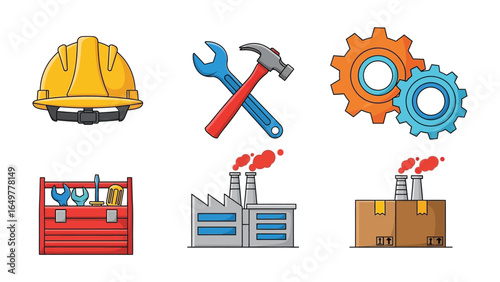 Engineering Elements: A compilation of essential engineering elements, each meticulously depicted with clear lines and vibrant colors, highlighting industry and production. 
