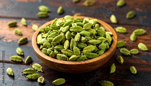 Cardamom – Green cardamom pods scattered over a wooden table with a few opened