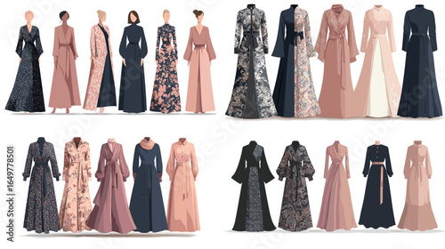 Collection of abaya and evening dress illustrations in dark and pastel tones with floral designs. Modest wear fashion for elegant and luxurious women’s outfits.