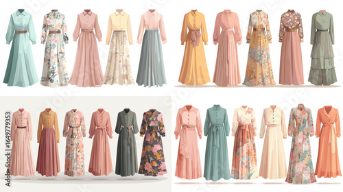 Set of long dress, abaya, and maxi dress illustrations in floral and plain designs. Elegant modest fashion collection for women with trendy modern style.