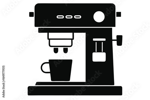 A minimalist coffee maker with a cup shown in stark black and white