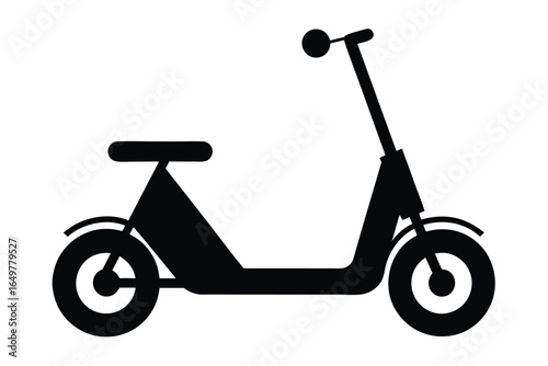 A sleek black electric scooter with a seat isolated on white background