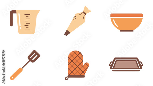 Baking Utensils Icon Set: An inviting arrangement of essential baking tools awaits, including a measuring cup, piping bag, mixing bowl, spatula, oven mitt, and baking pan.