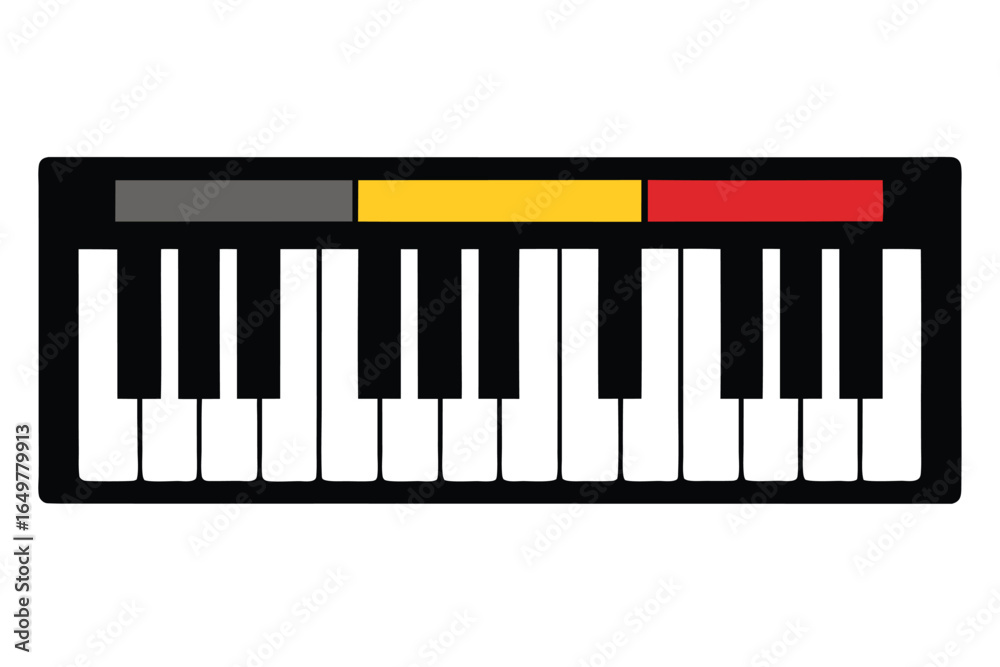 Cartoon representation of a piano keyboard with a colorful upper portion Cartoon representation of a piano keyboard with a colorful upper portion