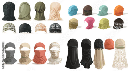 Set of hijab, niqab, and headscarf illustrations in various colors and styles. Islamic fashion collection for women’s modest wear and traditional clothing design.