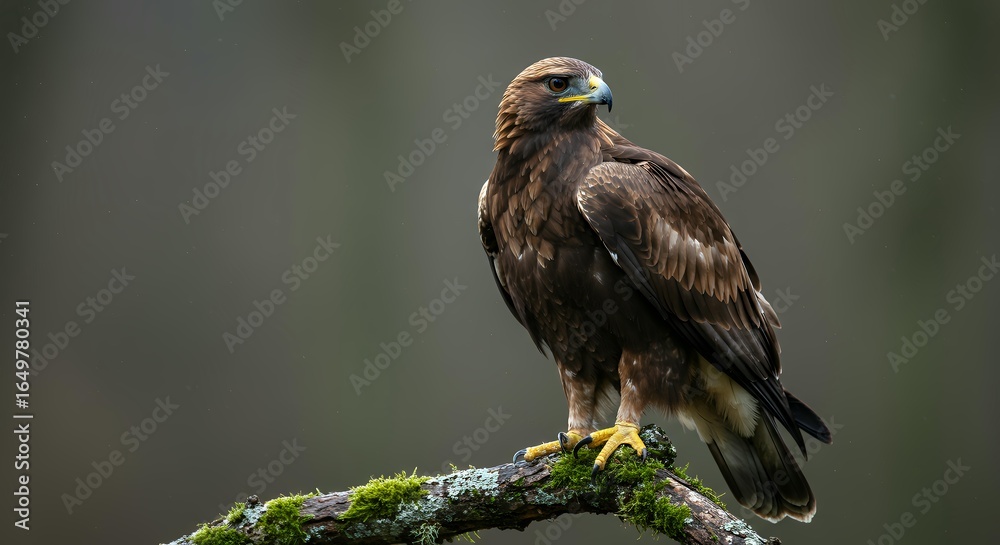 Fototapeta premium Portrait of a Golden Eagle on a Mossy Branch, High-Resolution Wildlife Shot of Majestic Raptor Looking Back in Misty Woodland Background