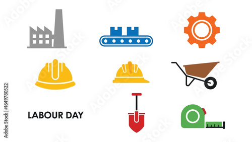 Labour Day Icon Set: A curated selection of flat design icons celebrating the spirit of labor and industrial achievement, with iconic symbols to represent hard work and manufacturing.