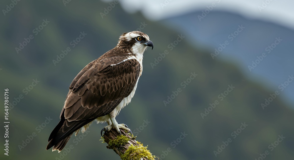 Fototapeta premium Close-up of a Wild Osprey Looking Back from a Tilted Mossy Branch, Professional Bird Photography for Conservation and Environmental Use