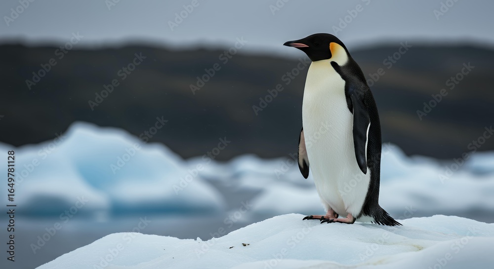 Fototapeta premium Adult Emperor Penguin Standing on a White Glacial Ice Floe with Blurred Antarctic Mountain Range Background