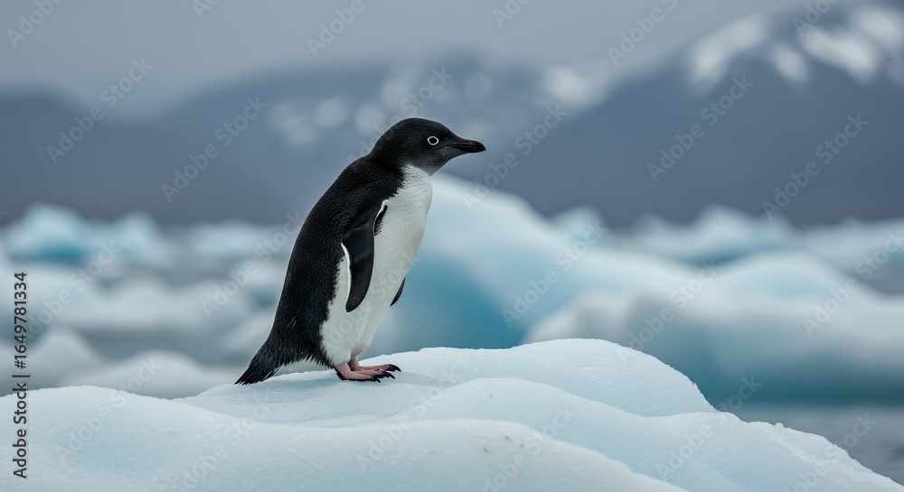 Obraz premium Adélie Penguin Standing on Iceberg with Distant Mountains, Scenic Antarctic Landscape Photography of Wildlife in Remote Glacial Valley